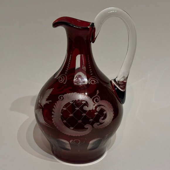 Egermann Bohemian Ruby Red Cut To Clear Etched Glass Cruet Czech Republic 8” - Picture 2 of 12